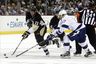 February 25, 2012; Pittsburgh,PA, USA: Pittsburgh Penguins center Jordan Staal (11) skates with the puck against Tampa Bay Lightning defender Matt Gilroy (right) during the second period at the CONSOL Energy Center. The Pens won 8-1. Mandatory Credit: Charles LeClaire-USPRESSWIRE