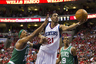 May 16, 2012; Philadelphia, PA, USA; Philadelphia 76ers forward Thaddeus Young (21) shoots under pressure from Boston Celtics forward Paul Pierce (34) during the third quarter in game three of the Eastern Conference semifinals of the 2012 NBA Playoffs at Wells Fargo Arena. The Celtics defeated the Sixers 107-91. Mandatory Credit: Howard Smith-US PRESSWIRE