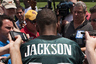 Jun 14, 2012; Philadelphia, PA, USA; Philadelphia Eagles wide receiver DeSean Jackson (10) is interviewed after practice during mini camp at the Philadelphia Eagles NovaCare Complex. Mandatory Credit: Howard Smith-US PRESSWIRE