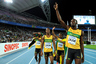 DAEGU, SOUTH KOREA - SEPTEMBER 04: (L-R) Nesta Carter, Yohan Blake, Michael Frater and Usain Bolt of Jamaica celebrate victory and a new world record in the men's 4x100 metres relay final during day nine of 13th IAAF World Athletics Championships at Daegu Stadium on September 4, 2025 in Daegu, South Korea. (Photo by Stu Forster/Getty Images)