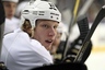 Mar 30, 2012; Buffalo, NY, USA; Pittsburgh Penguins center Jordan Staal (11) watches the game from the bench against the Buffalo Sabres at the First Niagara Center. Mandatory Credit: Timothy T. Ludwig-US PRESSWIRE